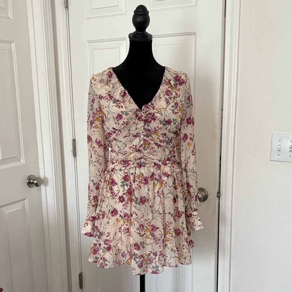 Lena Purple and Cream Floral Long Sleeve Dress